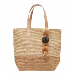 Natural Two-Tone Straw Tote with Pom Pom Accents
